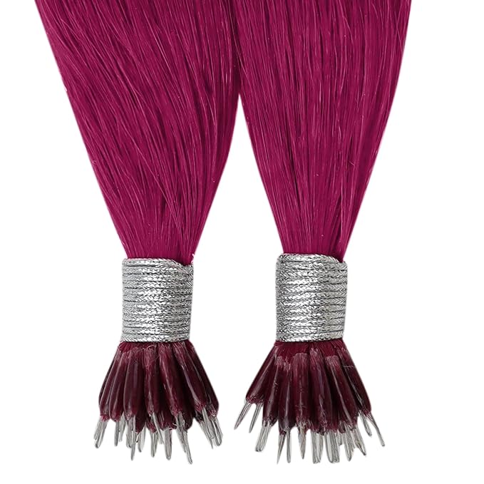 YoungSee Nano Hair Extensions Real Human Hair Magenta Real Hair Nano Bead Human Hair Extensions Burgundy Nano Rings Hair Extensions Double Drawn Nano Tips Hair Extensions Gifts for Women 25s 25g 14in