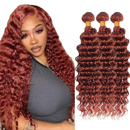 Auburn Deep Wave Bundles Human Hair Color 33 Bundle Huxowax Virgin Soft And Silky Remy Hair 3 Bundles 16 16 16 Inch Double Weft Copper Red Bundle Hair Wave
