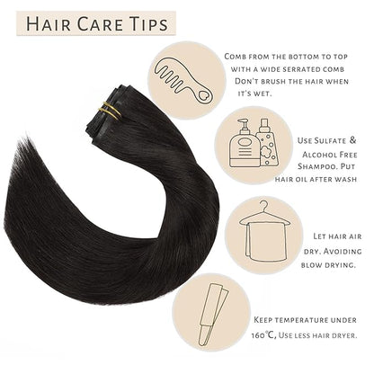 Caliee Seamless Hair Extensions Clip in Human Hair for Women 7Pcs 1B Natural Black Hair Extensions Clip in 110G Double Weft Full Head Not Tangled Silky Clip ins Straight Human Hair 14Inch