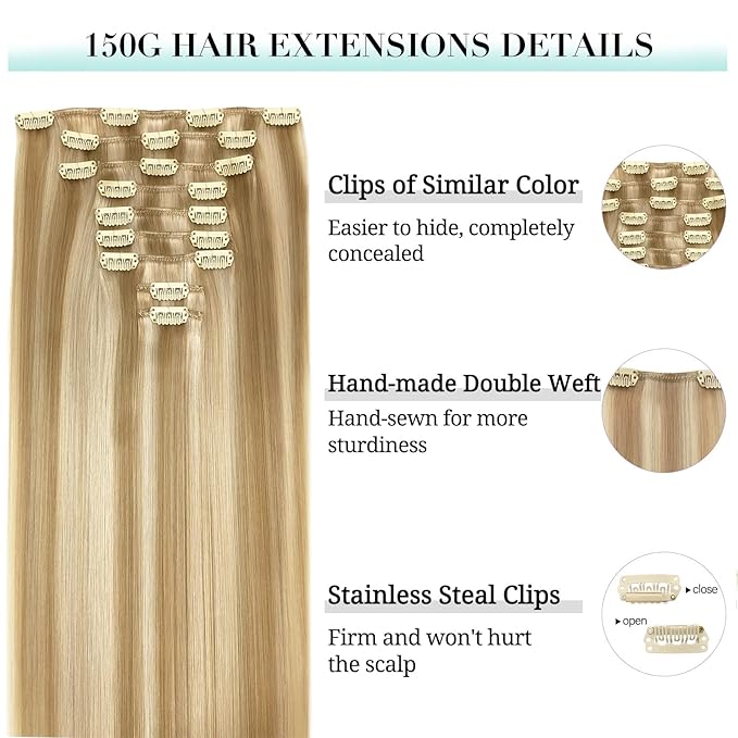 DOORES Hair Extensions Real Human Hair, Dark Blonde Highlighted Bleach Blonde 150g 18 Inch 9pcs, Remy Hair Extensions Clip in Human Hair Extensions Human Hair Natural Straight Thick Hair