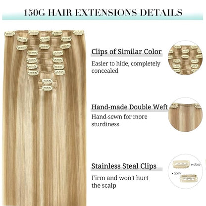 DOORES Hair Extensions Clip in Human Hair, Dark Blonde Highlighted Bleach Blonde 150g 9pcs 14 Inch, Remy Clip in Human Hair Extensions Real Natural Hair Extensions