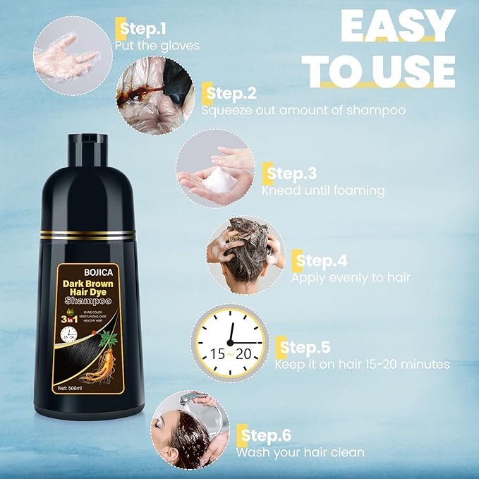 Hair Dye Shampoo for Gray Hair Coverage, 3-in-1 Semi-Permanent Color Shampoo for Women & Men Dark Brown