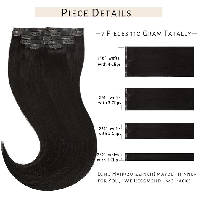 Caliee Seamless Hair Extensions Clip in Human Hair for Women 7Pcs 1B Natural Black Hair Extensions Clip in 110G Double Weft Full Head Not Tangled Silky Clip ins Straight Human Hair 14Inch