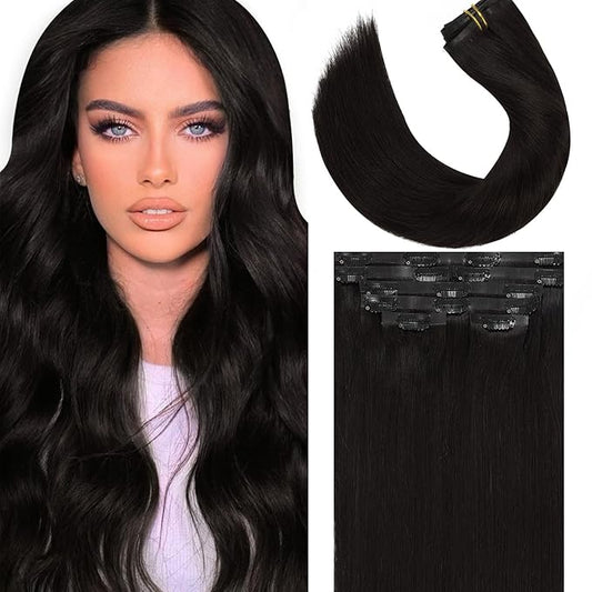 Lacer Hair Seamless Ultra Thin Invisible PU Weft Clip On Hair Extensions 22 Inch 7Pcs 110g Clip in Human Hair for Fine Thin Hair Women #1B Natural Black