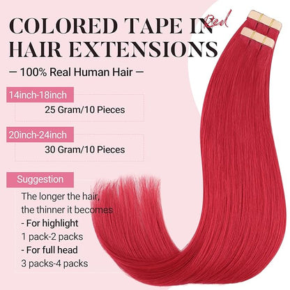 MAXITA Tape in Hair Extensions Human Hair Red Hair Extensions Tape ins, 10pcs 30g 22 Inch Colored Party Highlight Tape in Extensions Straight Soft Real Human Hair Extension