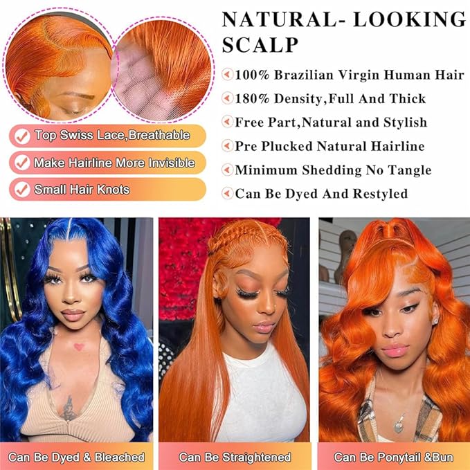 #350 Ginger Lace Front Wigs Human Hair Body Wave 13x4 Hd Ginger Orange Lace Front Wig Human Hair Wear and Go Glueless Ginger Wigs Human Hair Pre Plucked with Baby Hair Colored Wigs For Black Women