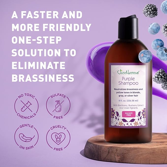 Just Nutritive Purple Toning Shampoo for Blonde, Gray, White, Silver, and Bleached Hair - Eliminate Brassiness, Boost Shine, Repairs, Hydrates, Sulfate-Free, Paraben-Free, Anti-Yellowing, 8 oz.