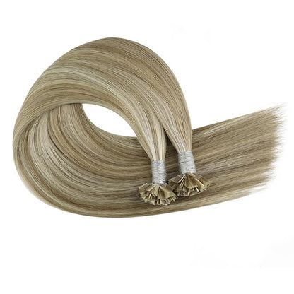 YoungSee K Tip Hair Extensions Human Hair Light Brown Highlight Ktip Human Hair Extensions Light Brown Highlights Blonde Ktip Natural Hair Extensions K Tip Human Hair Extensions for Women 18in 50s/50g