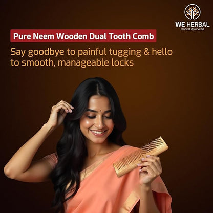 Neem Wooden Dual Tooth Lily Comb – Hairfall & Dandruff Control, Hair Straightening & Frizz Control, Natural Comb for Healthy Hair