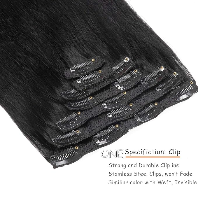Caliee 22 Inch Clip in Hair Extensions Human Hair Jet Black Real Hair Extensions Clip in Human Hair Double Weft Lace Seamless Natural Silky Thick 140 Gram 7 PCS for Full Head