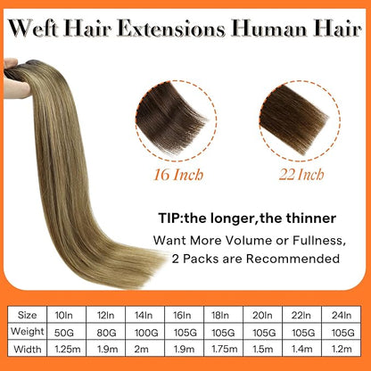 Full Shine Weft Hair Extensions Human Hair 22 Inch 105g Balayage Dark Brown to Caramel Blonde Sew in Hair Extensions Real Human Hair Weft Extensions Sew in Hair Bundles Full Head
