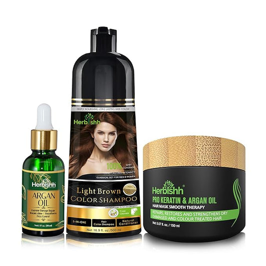 Herbishh After Color Shampoo Combo Contains Hair Color Shampoo Hair Dye 500ml Argan Oil 30ml Pro Keratin And Argan Hair Mask, Hair Straightening, Shine And Protection For Men And Women (Light Brown)