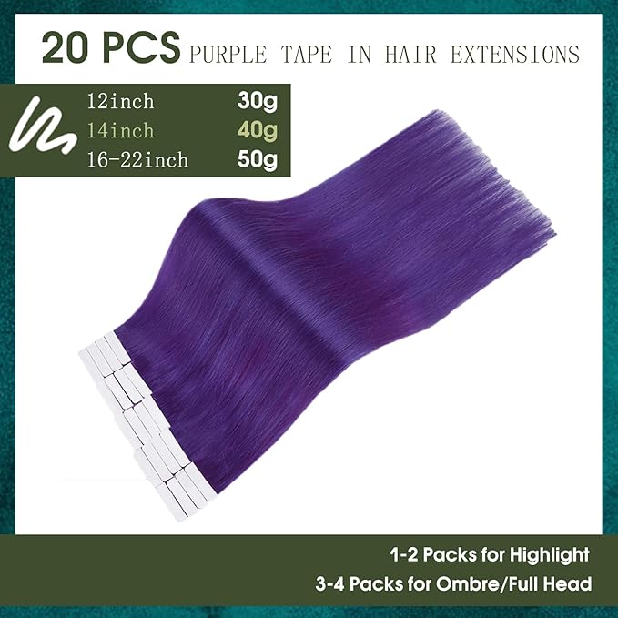 RUNATURE Tape in Hair Extensions Human Hair Straight Color Purple Hair Extensions Tape in Extensions for Long Hair, Remy Natural Hair for Highlights, Soft Silky Tape Ins 20 Inch 50g 20pcs