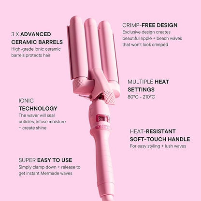 Mermade PRO Hair Waver 1" - 3 Barrel, Curling Iron 1 Inch, Ceramic Barrel Waver for Thick, Thin, Long, or Short Hair - 1", Pink