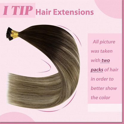 YoungSee I Tip Hair Extensions Balayage Tip Hair Extensions Balayage Brown with Blonde I Tips Human Hair Extensions 18 Inch Invisible I Tip Hair Ombre for Adding Hair Volume 50g 60s Remy Hair