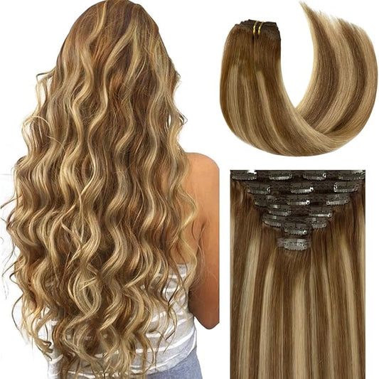 Lacer 22 Inch Highlight Chocolate Brown to Caramel Blonde Remy Clip in Human Hair Extensions Straight Balayage Real Natural Hair Extensions 140g 7pcs
