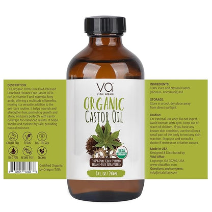 Castor Oil Organic Cold Pressed Unrefined Glass Bottle - USDA Certified Castor Oil For Hair Growth, Skin, Eyelashes, Eyebrows & Nails - 8 Fl Oz