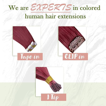 RUNATURE Tape in Hair Extensions Real Human Hair Burgundy Red Human Hair Tape in Extensions Double Sided PU Tape in Extensions for Women Straight Silky Remy Long Hair Extensions20 Inch 25g 10pcs