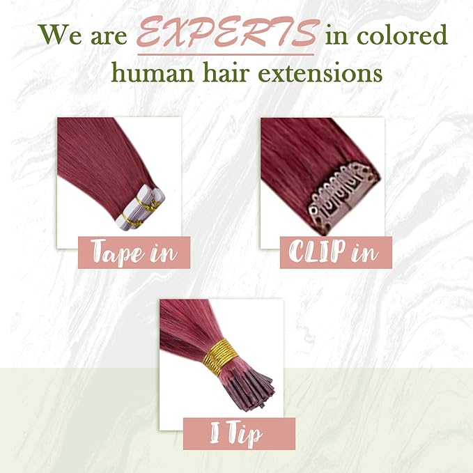RUNATURE Tape in Hair Extensions Human Hair Colorful Burgundy Tape Ins Human Hair Extensions Dark Wine Red Hairpiece for Highlights, Silky Real Human Hair Tape on Extensions 18 Inch 25g 10pcs