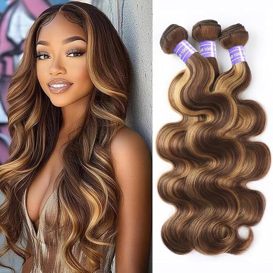 4/27 Body Wave Bundles Honey Blonde Human Hair Bundles Ombre Highlight 22 24 26 Inches Silky and Soft Hair Weft Brazilian Virgin Remy Hair Weave Piano Color for Black Women