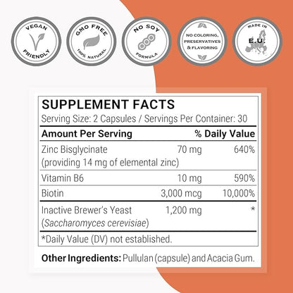 SuperSmart - Brewer's Yeast Hair Boost (Advanced Formula) - with Saccharomyces Cerevisiae, Zinc, Biotin - Hair Supplement | Non-GMO - 60 Vegetarian Capsules