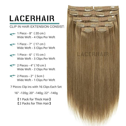 Lacer Hair Extensions Clip In Real Human Hair Extensions 120g 7 Pieces Silky Straight Weft Remy Human Hair Clip in Hair Extensions Light Brown #8 20 Inch