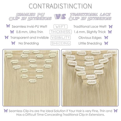 Lacer Clip in Hair Extensions 20 Inch 8Pcs Blonde Clip in Hair Extensions 19 Clips Platinum Blonde PU Weft Seamless Extensions Clip in Human Hair 150 Grams
