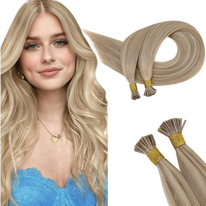 RUNATURE I Tip Extensions Human Hair，Real Human Hair Extensions I Tip, Balayage Silky Long Blonde Hair, Pre Bonded Soft Hair #1622 Golden Blonde with Light Blonde 14Inch 50G 50s