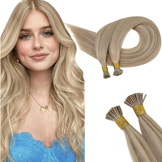 RUNATURE I Tip Extensions Human Hair，Real Human Hair Extensions I Tip, Balayage Silky Long Blonde Hair, Pre Bonded Soft Hair #1622 Golden Blonde with Light Blonde 14Inch 50G 50s