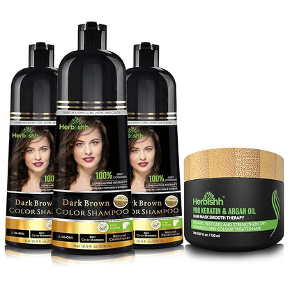 Herbishh Ultimate 3pcs Hair Color Shampoo Dye +1 Argan Hair Mask, Smooth and Long Lasting for Grey Hair Men & Women Easy & Quick to Use-Combo4 (Dark Brown)