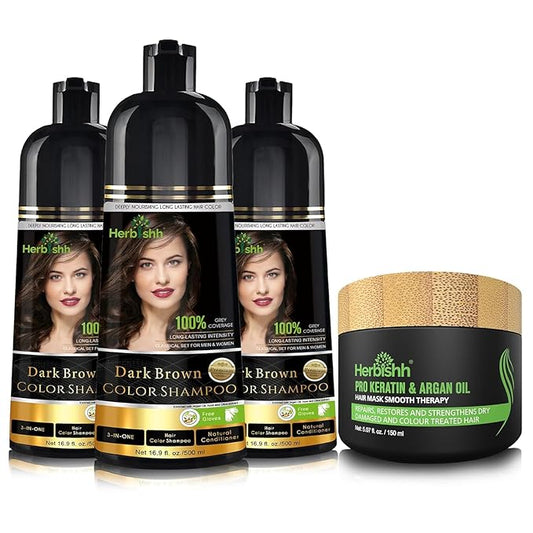 Herbishh Ultimate 3pcs Hair Color Shampoo Dye +1 Argan Hair Mask, Smooth and Long Lasting for Grey Hair Men & Women Easy & Quick to Use-Combo4 (Dark Brown)