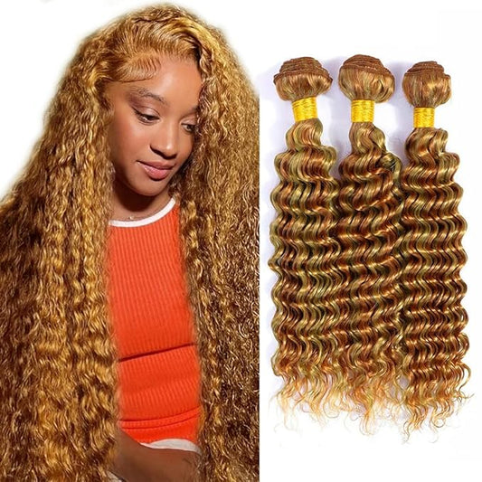 Ombre Bundles Human Hair Highlight Honey Blonde Bundles Deep Curly Human Hair Bundles 26 28 30 Inch Brazilian Virgin Hair Extensions P27/30 Silky Soft Deep Wave Bundles Hair Weave