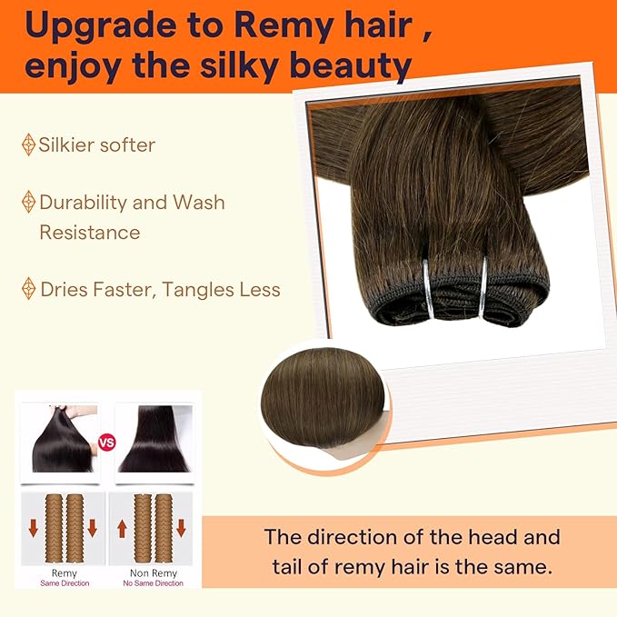 Full Shine Weft Hair Extensions Human Hair Invisible Sew In Human Hair 14 Inch 100G Color Medium Brown Straight Human Hair Bundles Weft Extensions Soft Hair For Women Machine Tied Weft
