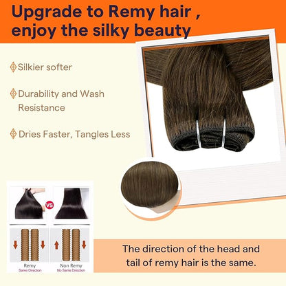 Full Shine Weft Hair Extensions Human Hair Invisible Sew In Human Hair 14 Inch 100G Color Medium Brown Straight Human Hair Bundles Weft Extensions Soft Hair For Women Machine Tied Weft