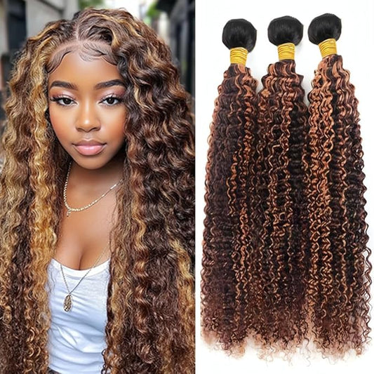 Ombre Curly Bundles Human Hair P430 Highlight Brown and Light Brown two tone Double Weft Brazilian Human Hair Soft and Silky for Black Women 18 20 22 Inch