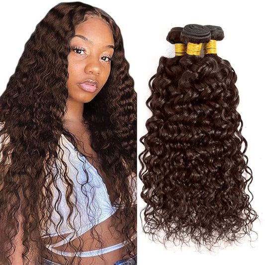 24 26 28 Inch Brown Human Hair Bundles Color 4 Water Wave Bundles Niegmeag Peruvian Virgin Remy Hair Extensions Double Weft Dark Brown Wet And Wavy Bundle