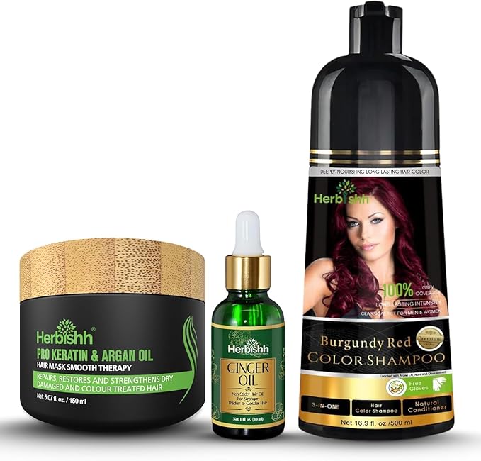 Herbishh Burgundy Hair Dye Shampoo 3 In 1- Color Shampoo For Gray Hair Coverage 500 ML, Argan Oil & Pro Keratin Deep Conditioning Hair Mask 150gm and Ginger Essential Oil Serum For Hair Growth 30ml