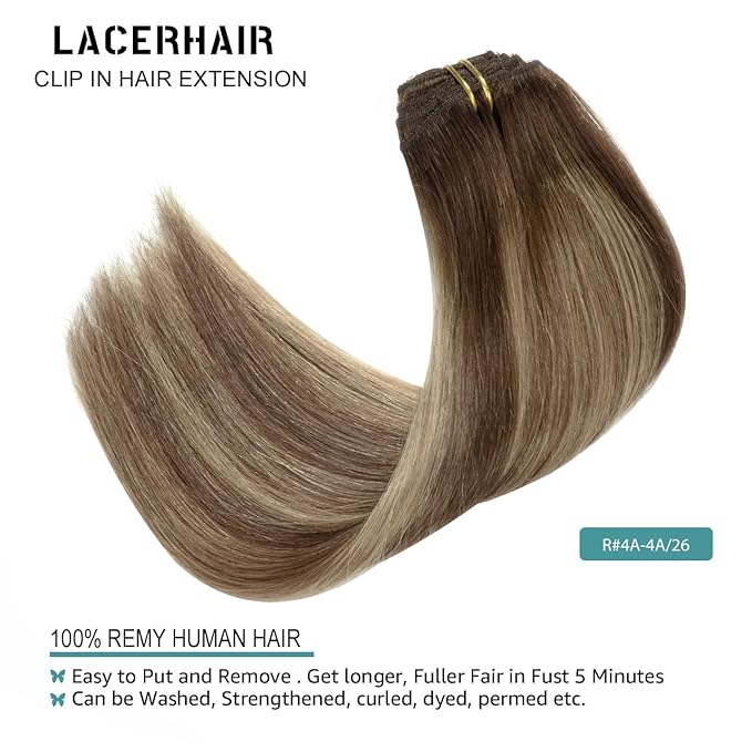 Lacer Clip in Hair Extensions Real Human Hair Highlignt Warm Brown to Dark Caramel Blonde Remy Human Hair Extensions Clip ins for Women 14 Inch 120g 7Pcs Natural Human Hair