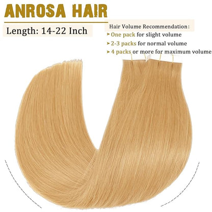 Anrosa Real Human Hair Silky Double Sided Tape in Hair Extensions 50g 20pcs 22 Inch Skin Weft Seamless Remy Tape in Hair Extensions Honey Blonde Color