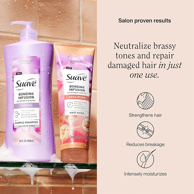 Suave Bonding Infusion Set, Toning Purple Shampoo, Sulfate-Free + Repairing Hair Mask, Leave-In Conditioner Treatment for Dry, Damaged Hair
