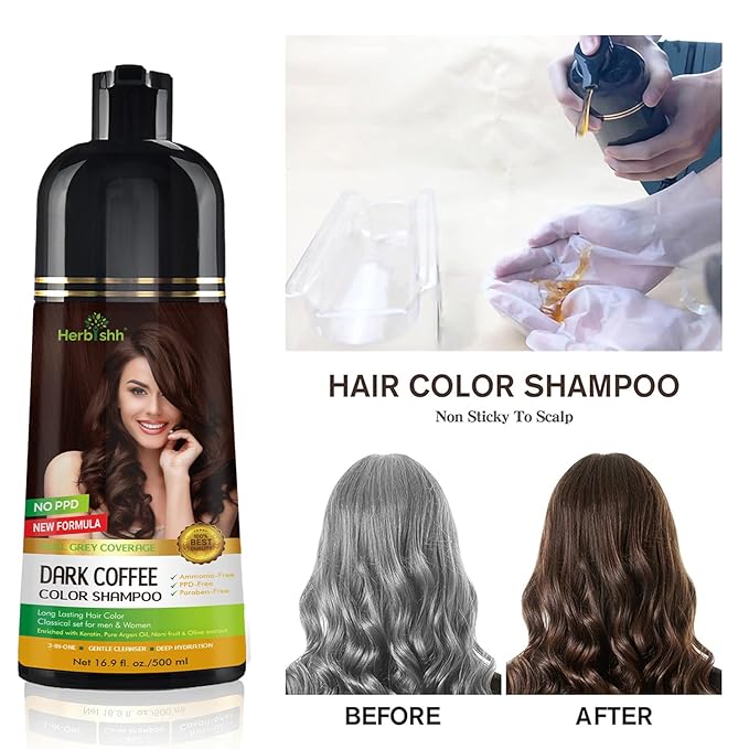 Herbishh Hair Color Shampoo for Gray Magic Dye Colors in Minutes Long Lasting 500ml 3-In-1 Color Ammonia-Free (Dark Coffee)