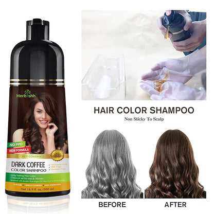Herbishh Hair Color Shampoo for Gray Magic Dye Colors in Minutes Long Lasting 500ml 3-In-1 Color Ammonia-Free (Dark Coffee)