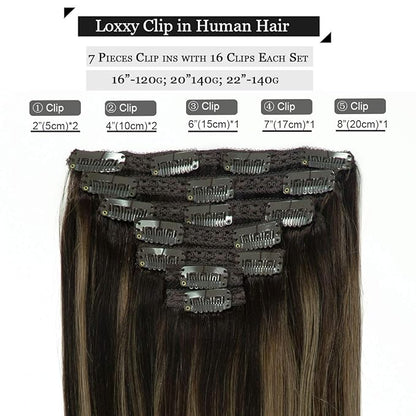 Loxxy 18 Inch 120g Hair Extensions Clip in Double Weft Brazilian Human Hair Thick Silky Straight Clip in Remy Hair Full Head Rooted Dark Brown to Chestnut Brown Highlight Dark Brown Color R#2-2/6