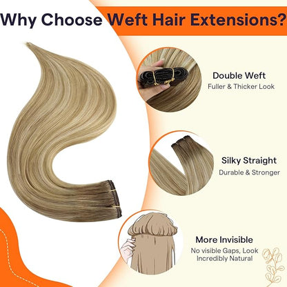 Full Shine Hair Extensions Sew In Weft Hair Extensions Human Hair Sew In Extensions Balayage Color Brown To Honey Blonde Mix Platinum Blonde Hair Weft 100G 14 Inch
