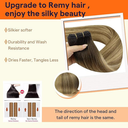 Full Shine Weft Hair Extensions Human Hair 22 Inch 105g Balayage Dark Brown to Caramel Blonde Sew in Hair Extensions Real Human Hair Weft Extensions Sew in Hair Bundles Full Head