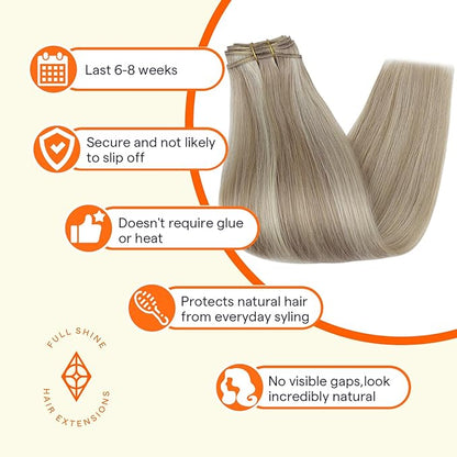 Full Shine Sew In Hair Extensions Real Human Hair Ash Blonde Hair Extensions Weft Extensions Straight Hair Sew In Weft Hair Extensions Color Ash Blonde Mix Golden Blonde 14 Inch 100G