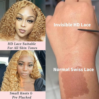 QNQZ 12 inch Honey Blonde Curly Bob Wig Human Hair 9x6 HD Glueless Lace Front Honey Blonde Deep Wave Wear and Go Glueless Wigs Human Hair Pre Plucked Pre Cut 220% Density #27 Colored for Women