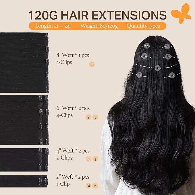 DOORES Hair Extensions Real Human Hair, Jet Black 12 Inch 7pcs 80g, Natural Clip in Extensions Silky Straight Weft