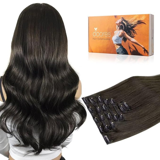 DOORES Clip in Hair Extensions, Mocha Brown 22 Inch 7pcs 120g, Human Hair Extensions Real Hair Extensions Remy Natural Human Hair Extensions Silky Straight Thick Hair
