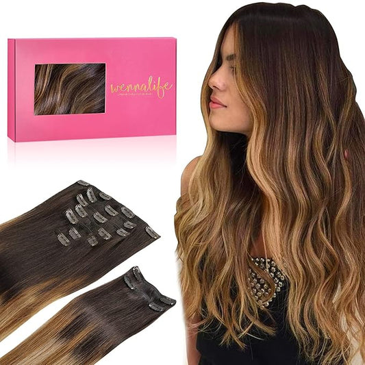 WENNALIFE Clip in Hair Extensions, 150g 22 Inch 9pcs Highlight Dark Brown to Chestnut Brown and Dirty Blonde Human Hair Extensions Thicker Real Human Hair Clip Set Double Weft